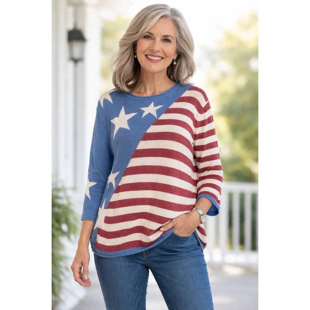 NorthStyle American Flag Sweater Women M Patriotic Tight Knit 3/4 Sleeve USA Top